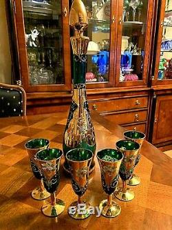 Venetian Murano Art Glass Hand Painted Wine Set 6 Gold Green Enamel Glasses & De