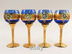 Venetian Murano Glass Wines Cobalt Blue with Heavy Gold Stems Set of 4 I002