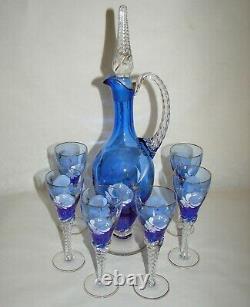 Venetian Murano Hand Painted Blue Glass Liquor Decanter & 6 Wine Glasses Set