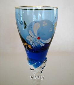 Venetian Murano Hand Painted Blue Glass Liquor Decanter & 6 Wine Glasses Set