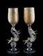 Venetian Style Art Glass Dolphin Stem Wine Goblet Glasses, Set of (2), Signed