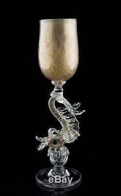 Venetian Style Art Glass Dolphin Stem Wine Goblet Glasses, Set of (2), Signed