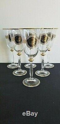 Versace Set Of Six Clear Wine Glasses In Gold Finish