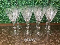 Vintage Antique Elegant Floral Etched Glass Set of Eight Wine Glasses 8Tall