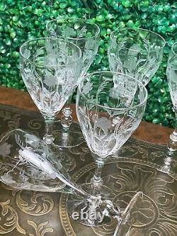 Vintage Antique Elegant Floral Etched Glass Set of Eight Wine Glasses 8Tall