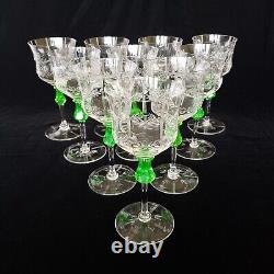 Vintage Antique Set of 10 Depression Era Etched Wine Goblets-Clear-Green