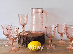 Vintage Arcoroc France Luminarc Rosaline Pink Swirl Pitcher and Six Wine Glasses