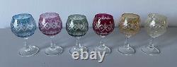 Vintage BOHEMIAN Multi Coloured Cut To Clear CRYSTAL WINE GLASSES Set Of 6
