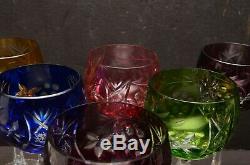 Vintage Bohemian Cut to Clear Tall Crystal Wine Hocks Multi Color glasses Set 6