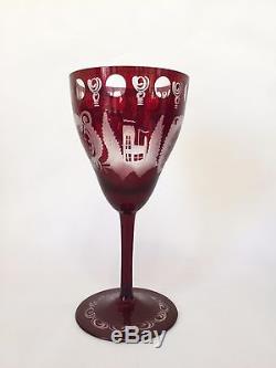 Vintage Bohemian Czech MOSER Ruby Cut to Clear Set of Wine Glasses Castle & Bird