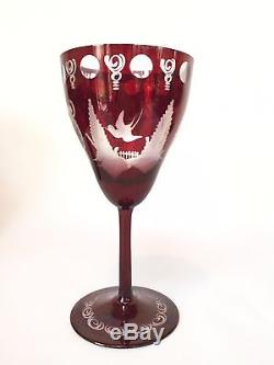 Vintage Bohemian Czech MOSER Ruby Cut to Clear Set of Wine Glasses Castle & Bird