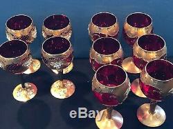 Vintage Bohemian Czech Wine Goblets Set of 10 Red & Gold Gilded