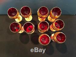 Vintage Bohemian Czech Wine Goblets Set of 10 Red & Gold Gilded
