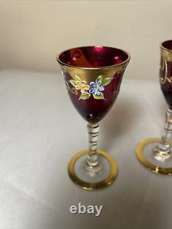 Vintage Bohemian Floral Ruby Red Gold Wine Cordial Decanter & Glasses Set