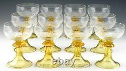 Vintage Bohemian Roemer WINE CHAMPAGNE GOBLETS ETCHED FLOWERS YELLOW STEM Set 12