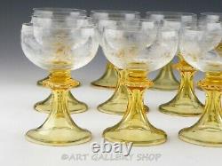 Vintage Bohemian Roemer WINE CHAMPAGNE GOBLETS ETCHED FLOWERS YELLOW STEM Set 12