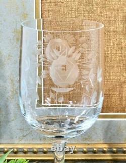 Vintage Clear Crystal Wine / Water glasses with Etched Roses and Leaves Set 10