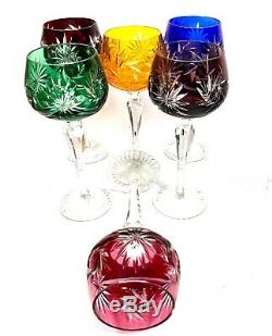 Vintage Complete Set of 6 Harlequin Coloured Cut Bohemian Hock / Wine Glasses