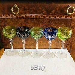 Vintage Crystal Colored Cut To Clear Czech Bohemian Wine Glass Goblets Set Of 5