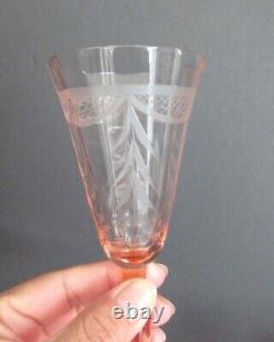 Vintage Crystal Pink Beveled Etched Wine Glasses Set of 4 7 Tall