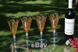 Vintage Etched Amber Optic Wine Glasses, Set of 4, Cambridge Gloria Heatherbloom