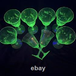 Vintage Full Set of 8 Green Uranium Cut Floral Optic Wine Glasses