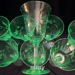 Vintage Full Set of 8 Green Uranium Cut Floral Optic Wine Glasses