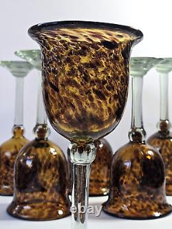 Vintage Hand Blown Tortoise Shell Art Glass Wine Glasses Set of 6