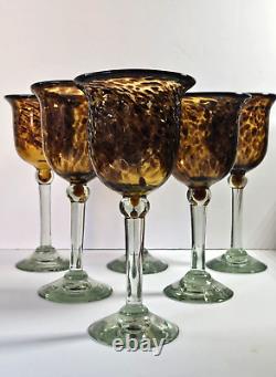 Vintage Hand Blown Tortoise Shell Art Glass Wine Glasses Set of 6