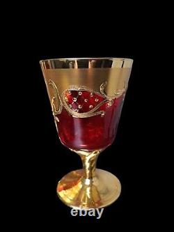 Vintage Italian Ruby Decanter & Glass SetHand Painted5 Cordial/6 Wine Glasses