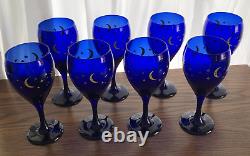 Vintage Libbey Celestial Sun Moon Stars Cobalt Blue Wine Glasses set of 8