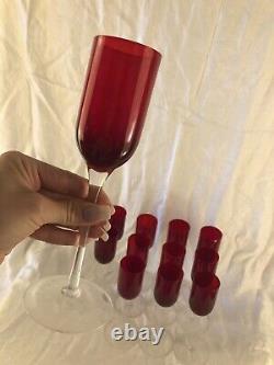 Vintage Red Ruby Crystal Stemware Full Set Red Wine Glasses Clear Stem