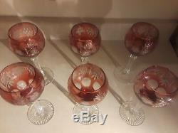 Vintage SET OF (6) Czech Bohemian cranberry Cut to Clear Crystal Wine Stems 8