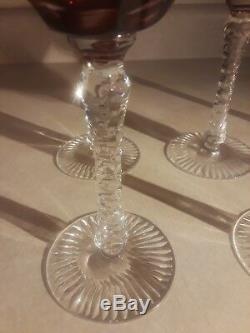 Vintage SET OF (6) Czech Bohemian cranberry Cut to Clear Crystal Wine Stems 8