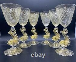 Vintage Salviati Murano Optic Gold Speck Wine Glass Set 6 Dolphin Fish Venetian