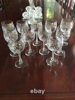 Vintage Set Of 11 Libbey Rock Sharpe Villars Etched Crystal Wine Glasses 7-1/2