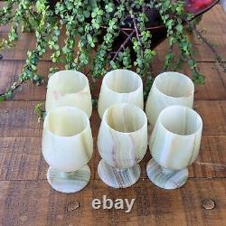 Vintage Set of 6 Natural Green White Marble Onyx Wine Glass Stemware Goblet 70s