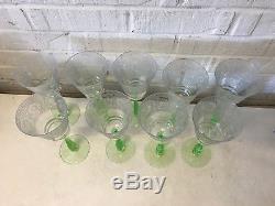 Vintage Set of 9 Wine Glasses Floral & Gourd Etched Decoration Green Swirl Stem