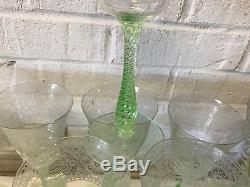 Vintage Set of 9 Wine Glasses Floral & Gourd Etched Decoration Green Swirl Stem