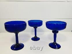 Vintage Set of Three 3 Handblown Cobalt Blue Glasses Dessert Pontiled Wine Decor