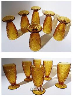 Vintage Tiara Indiana Orange Amber Liquor Wine Decanter Glass Drink Candle Set