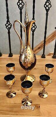 Vintage Venetian Murano Hand Painted With 24k Gold Cobalt Blue Glass Wine Set