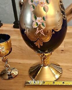 Vintage Venetian Murano Hand Painted With 24k Gold Cobalt Blue Glass Wine Set