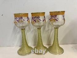 Vintage Venetian Set of 3 Wine Glasses with Enamel Decorations and Green Stem
