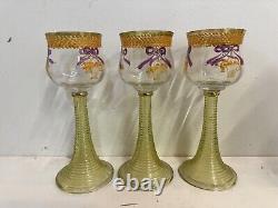 Vintage Venetian Set of 3 Wine Glasses with Enamel Decorations and Green Stem