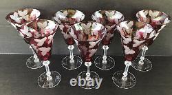 Vintage Wine Goblets Cranberry Flash Cut Crystal Frosted Grape Set Of 7