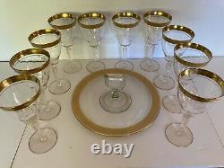 Vintage set of 10 gold rimmed wine glasses with appetizer plate