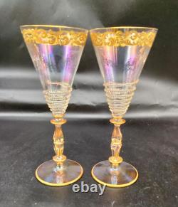 Vintage to Antique Set of 2 Murano Wine Glasses with Rigaree and Enamel Work