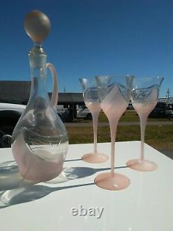 Vntg Romania Pink Satin Glass Wine Decanter Set withStopper & 3 Cut/Satin Glasses