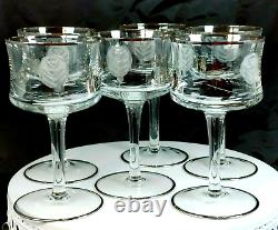 Vtg Barware MCM Set of 6 Wine Glasses Silver Rim Etched Silver Leaf Etched Rose